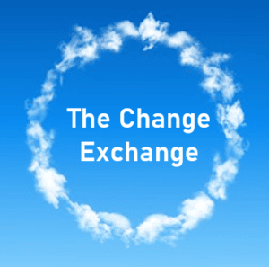 A circle of white clouds against a blue sky, with the words 'The Change Exchange' in the middle of the cloud circle.