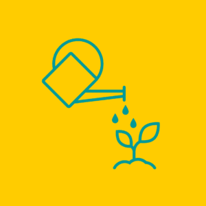 Icon of a watering can pouring water onto a young plant.
