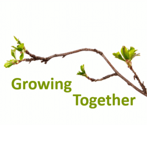 'Growing Together' in green text, featuring a branch with budding leaves overhead.