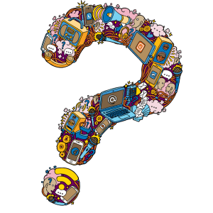 An illustration of a question mark made up of many different elements which represent communicating, including phones, laptops, microphones, letters and speech bubbles.