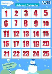 Stay well this winter advent calendar with windows numbered 1 to 25 and decorated in a winter theme